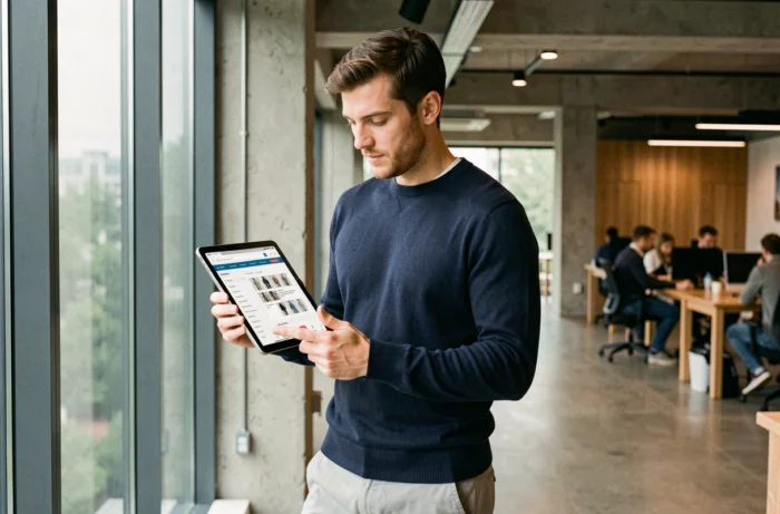 Homme consultant la navigation d'un site de mode sur tablette dans un espace de coworking moderne
