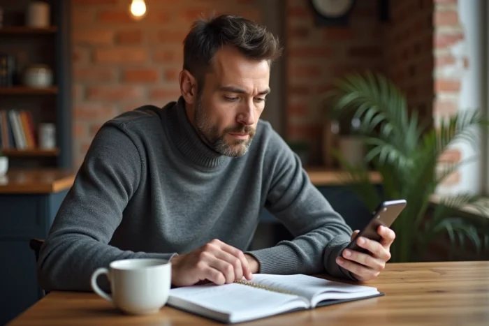 Homme planifiant ses premiers investissements financiers avec un smartphone et un carnet de notes à la maison