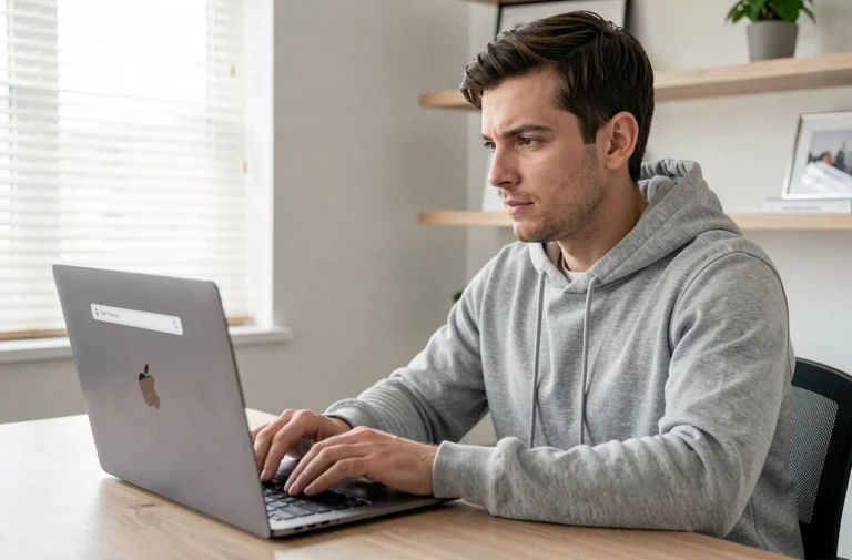 Un homme consultant un navigateur web sur son ordinateur portable pour trouver une nouvelle adresse de site de téléchargement en 2024