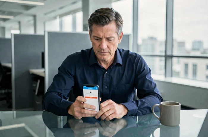Homme au bureau consultant son smartphone pour réinitialiser le mot de passe de son compte bancaire CA22