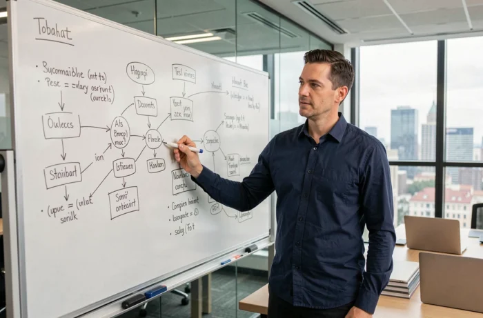 Homme expliquant un schéma technique sur un tableau blanc dans une salle de réunion moderne