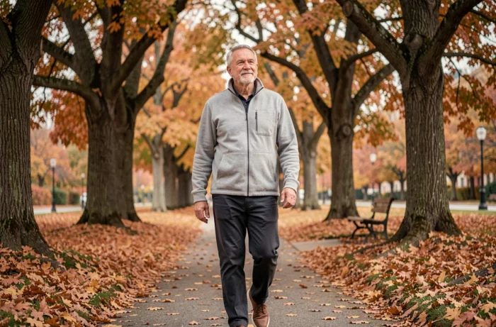 Homme senior marchant dans un parc en automne pour maintenir sa santé physique