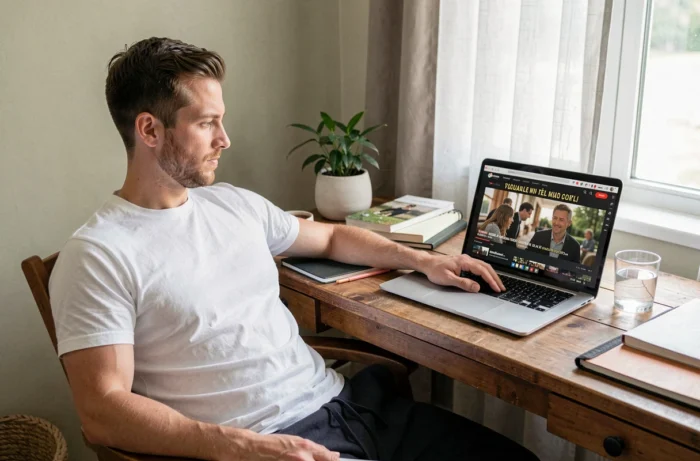 Homme regardant une série en VF gratuitement sur son ordinateur portable dans un bureau à domicile