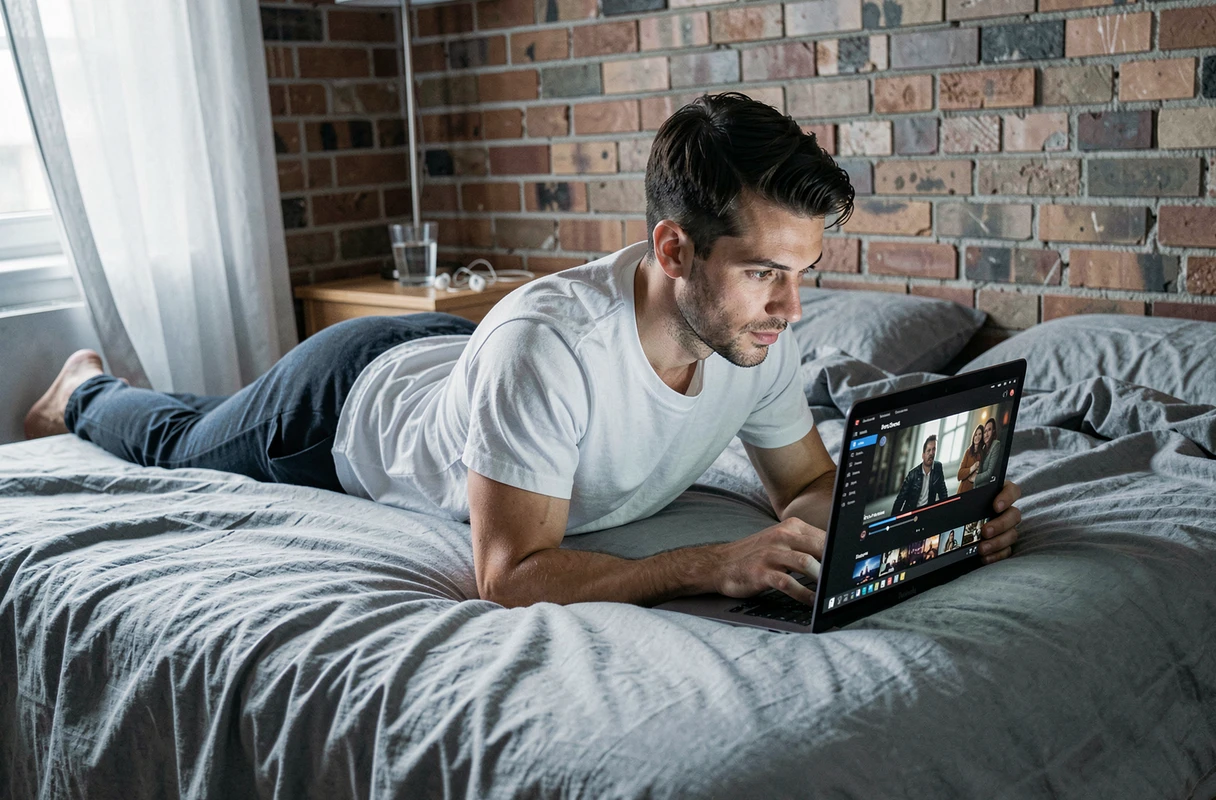 Homme allongé sur son lit regardant une série en streaming sur un ordinateur portable