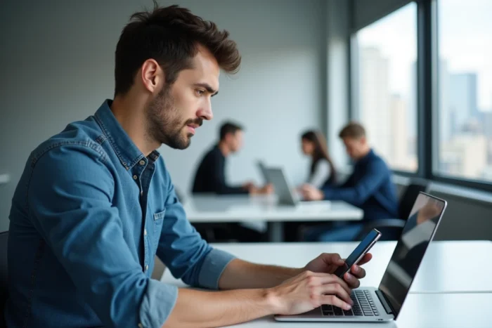 Homme comparant Shazam sur smartphone et PC dans un bureau moderne pour identifier une chanson