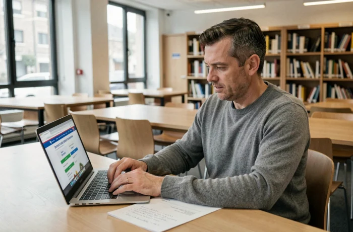 Homme consultant le site de l'ANTS sur un ordinateur portable dans une bibliothèque publique
