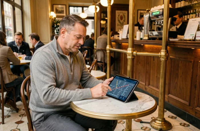 Homme d'affaires utilisant une application de mobilité urbaine sur tablette dans un café parisien traditionnel