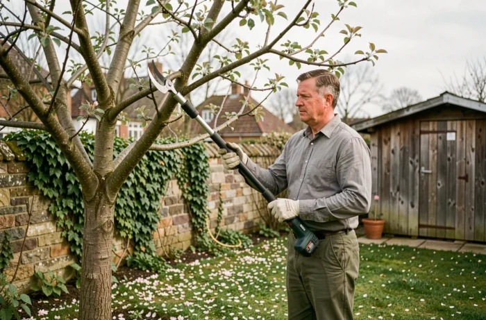 Homme utilisant une élagueuse à batterie sur perche pour tailler les branches d'un pommier dans un jardin résidentiel au printemps