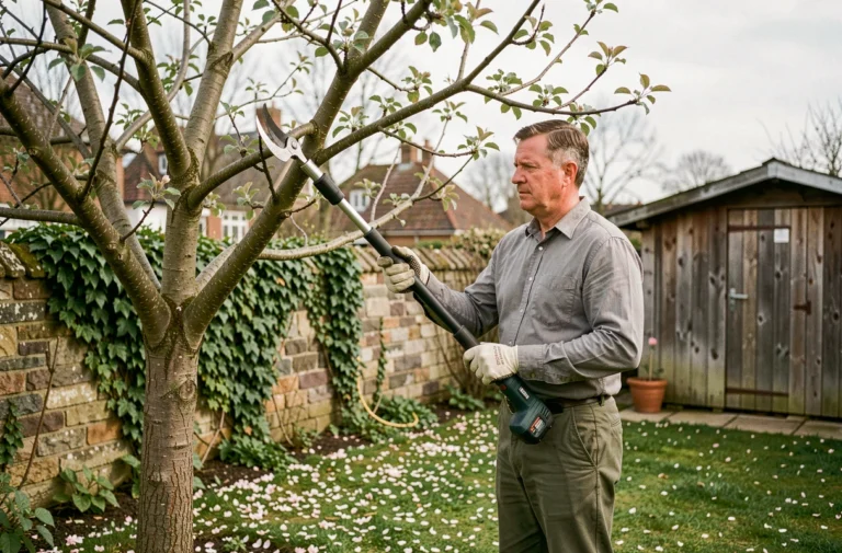 Homme utilisant une élagueuse à batterie sur perche pour tailler les branches d'un pommier dans un jardin résidentiel au printemps
