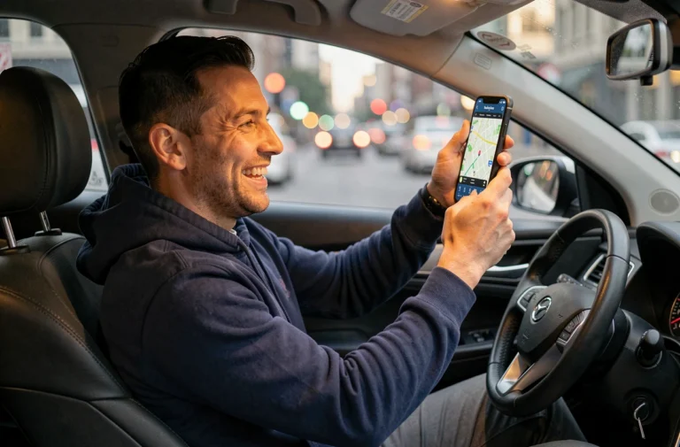 Homme souriant dans sa voiture en train de configurer la voix Dark Vador sur l'application GPS Waze