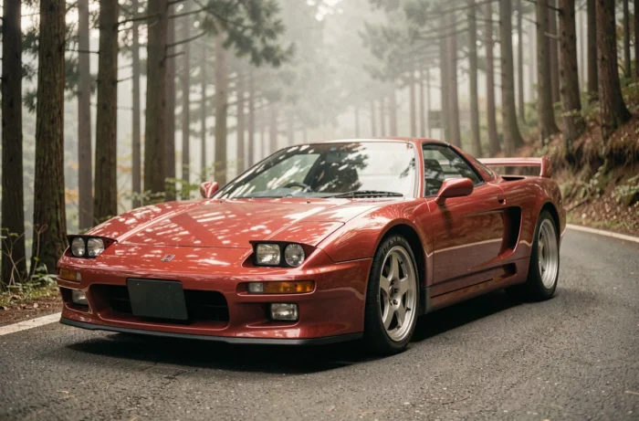Honda NSX première génération rouge garée sur une route de montagne japonaise, profil trois quarts avant mettant en valeur le design iconique des années 1990