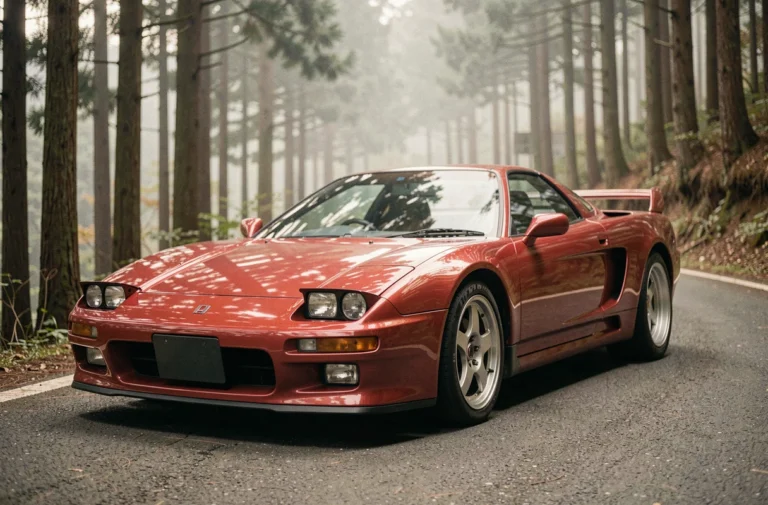 Honda NSX première génération rouge garée sur une route de montagne japonaise, profil trois quarts avant mettant en valeur le design iconique des années 1990