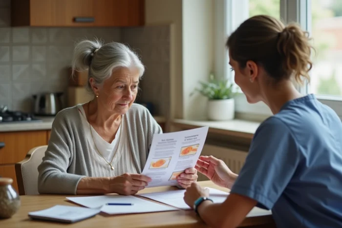 Infirmière expliquant les étapes d'évolution du zona à une patiente âgée à l'aide d'un document illustré lors d'une visite à domicile