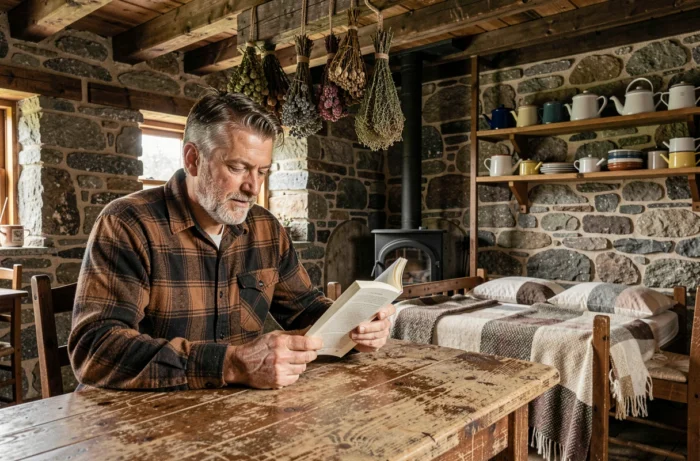 Intérieur authentique d'un refuge de montagne avec homme lisant au coin du poêle, séjour alternatif hors des sentiers battus