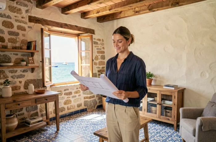 Intérieur rénové d'une maison de pêcheur portugaise avec carreaux azulejos et femme tenant des plans architecturaux