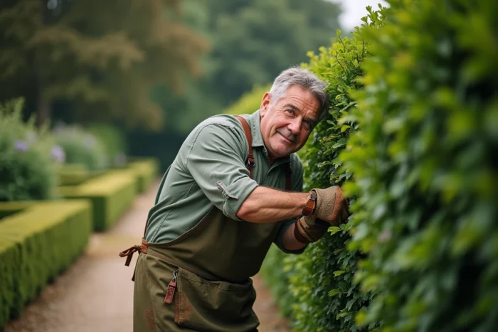 Jardinier expérimenté taillant une haie de buis dans un jardin à la française avec des cisailles manuelles