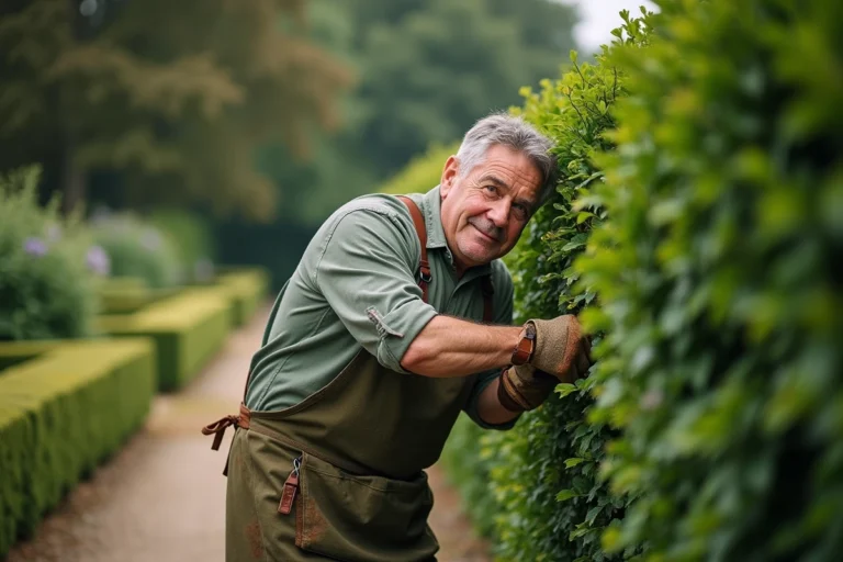 Jardinier expérimenté taillant une haie de buis dans un jardin à la française avec des cisailles manuelles