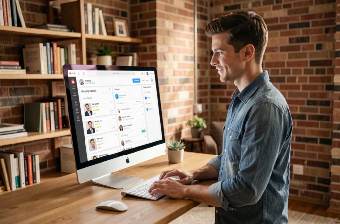 Jeune entrepreneur naviguant sur une plateforme de rapprochement professionnel depuis son bureau à domicile