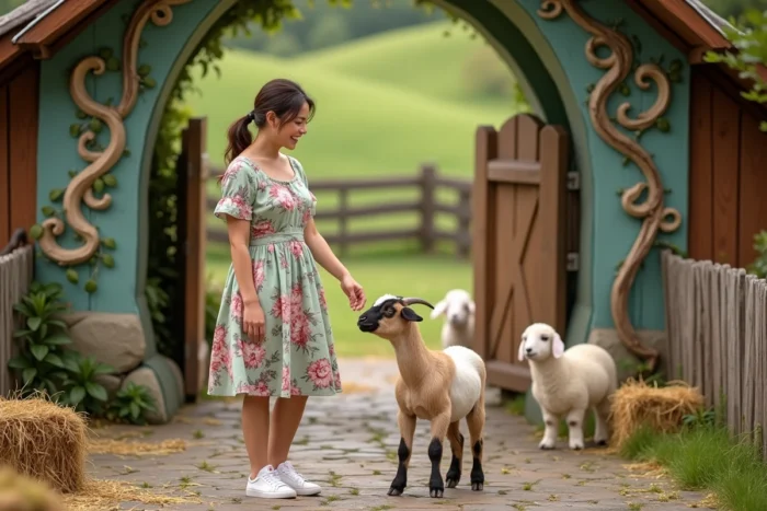 Jeune femme riant avec une chèvre naine dans une ferme pédagogique féerique avec un portail en bois décoré et un pré verdoyant en arrière-plan