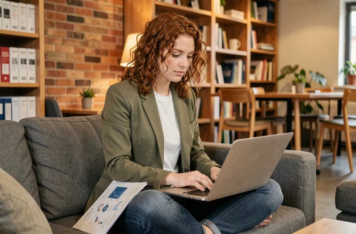 Jeune femme travaillant sur un ordinateur portable dans un espace de coworking chaleureux avec des documents techniques
