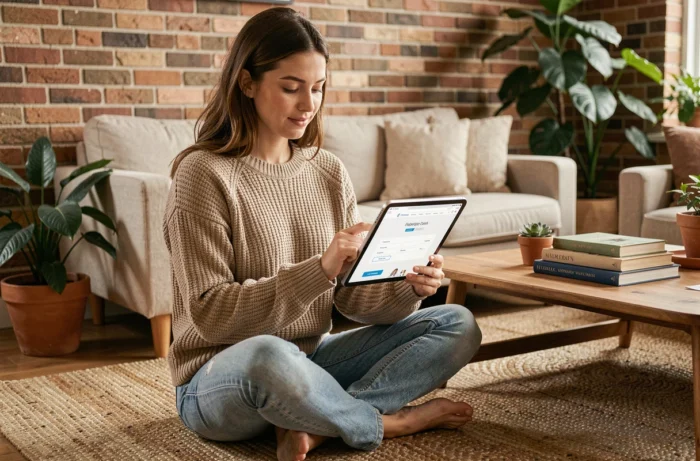 Jeune femme naviguant sur un site web bien structuré depuis une tablette dans un salon naturel et chaleureux