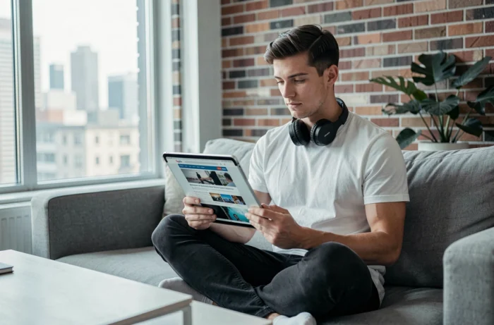 Jeune homme consultant des actualités informatiques sur une tablette dans un appartement moderne