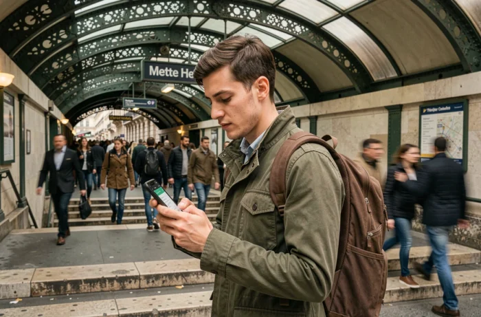 Jeune professionnel consultant l'application Intraparis pour naviguer dans le métro parisien depuis une entrée de station