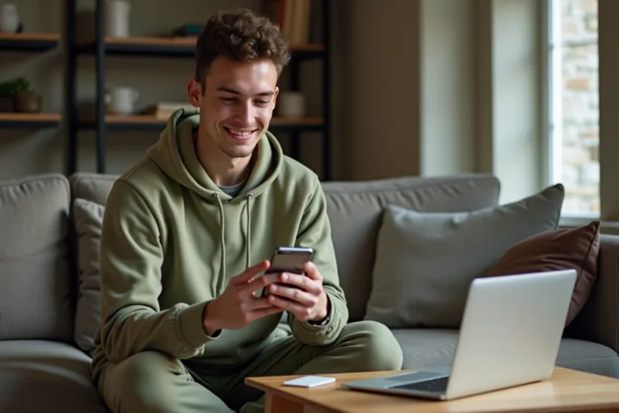Jeune professionnel organisant ses rappels et pense-bête numériques sur smartphone depuis son salon pour booster sa productivité