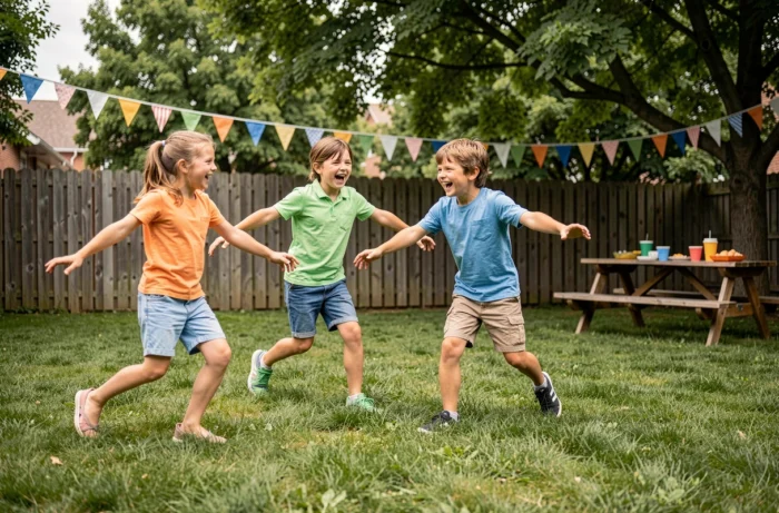 Enfants jouant à un jeu de plein air lors d'une fête d'anniversaire dans un jardin décoré de guirlandes et d'une table de pique-nique