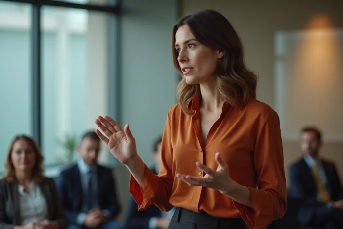Laurène Godey en pleine prise de parole lors d'une conférence professionnelle, exprimant ses engagements avec passion et conviction