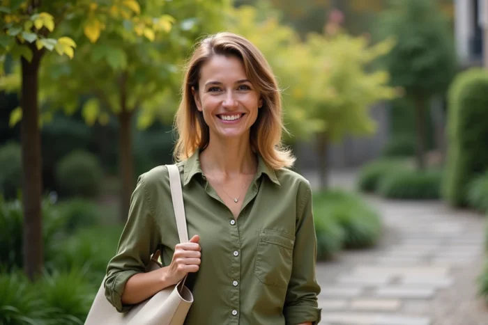 Femme souriante et engagée dans un jardin urbain verdoyant, illustrant le parcours et les passions de Laurène Godey