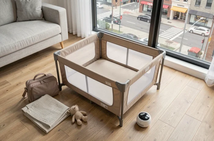 Lit parapluie compact déplié sur parquet avec accessoires bébé essentiels pour voyage