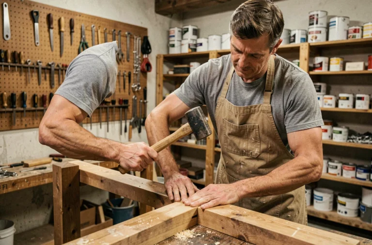 Artisan utilisant un maillet en bois pour assembler une pièce en chêne dans un atelier de bricolage bien équipé