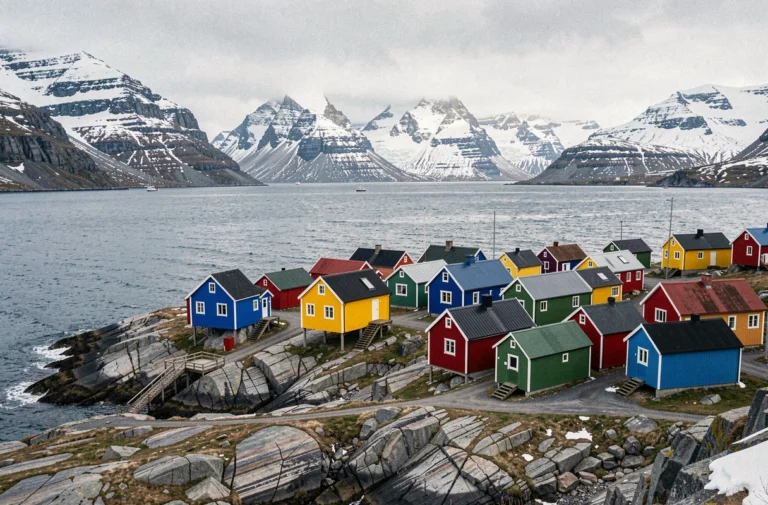 Village groenlandais aux maisons colorées rouge jaune et bleu au bord d'un fjord arctique avec montagnes enneigées en arrière-plan