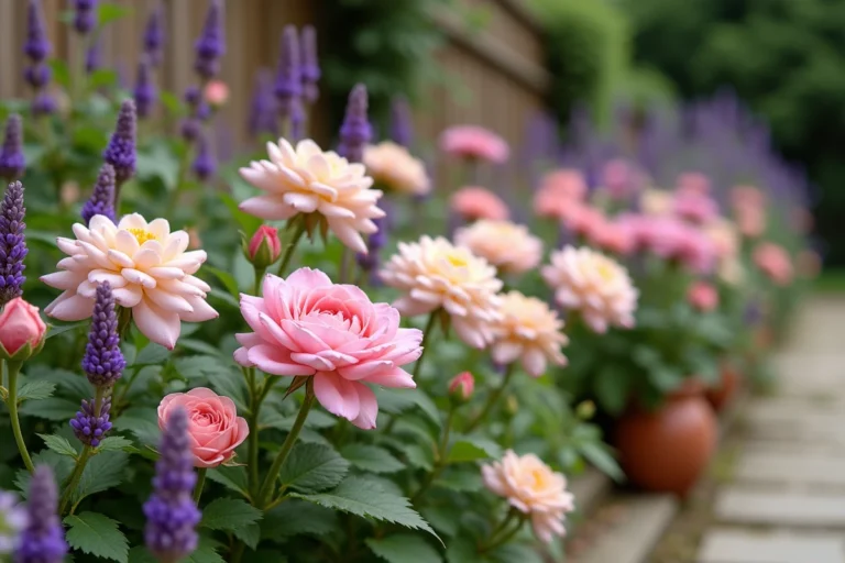 Massif de jardin fleuri avec roses, lavande et dahlias dans un jardin de style français