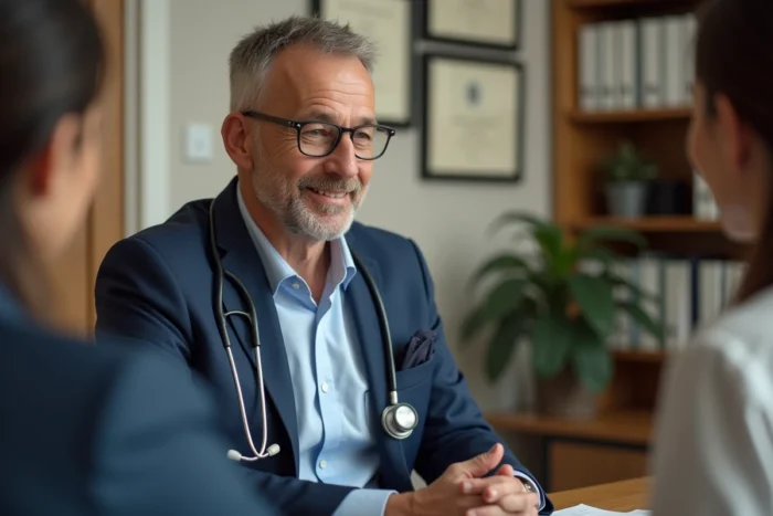 Médecin en costume lors d'une consultation professionnelle dans un cabinet médical privé