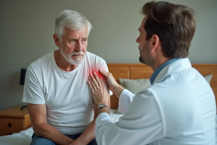 Médecin examinant une éruption cutanée de zona sur le dos d'un homme âgé lors d'une consultation médicale à domicile