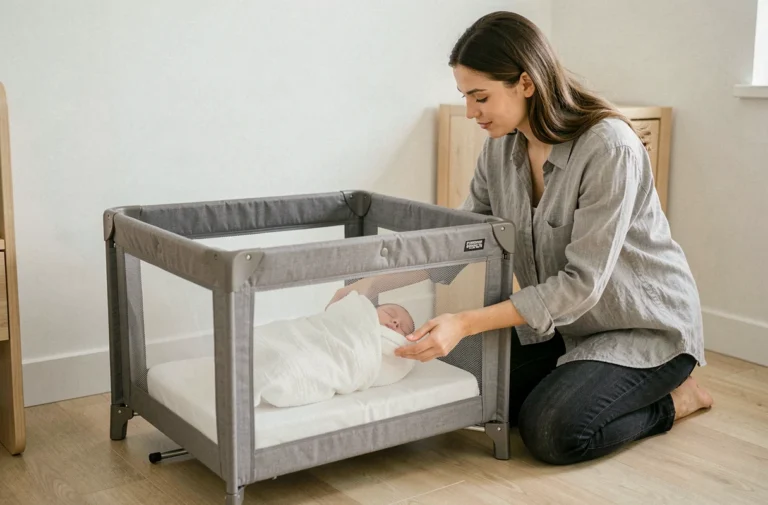 Jeune mère installant son bébé dans un lit parapluie mini compact dans une chambre minimaliste