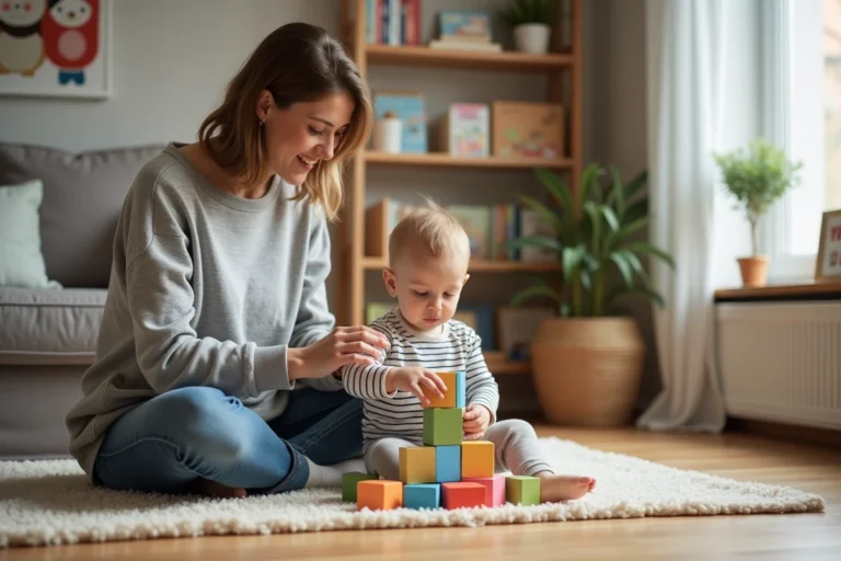 Mère et jeune enfant jouant ensemble avec des cubes en bois sur un parquet clair dans un salon chaleureux