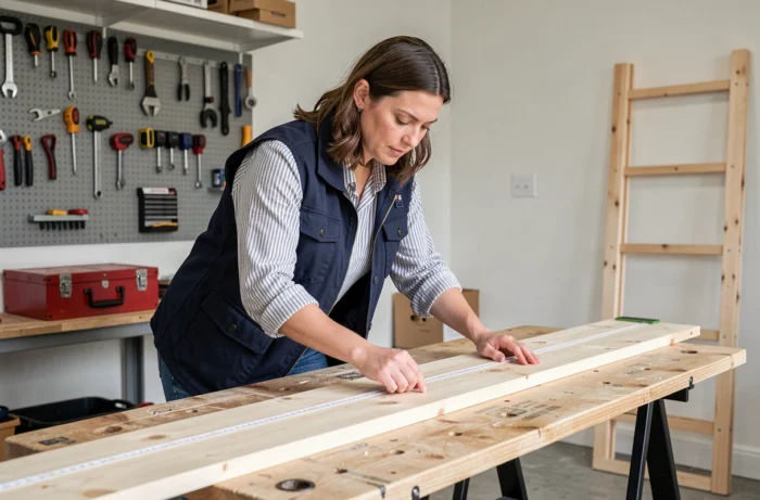 Femme mesurant une planche en bois avec un mètre ruban dans un garage aménagé en atelier de bricolage