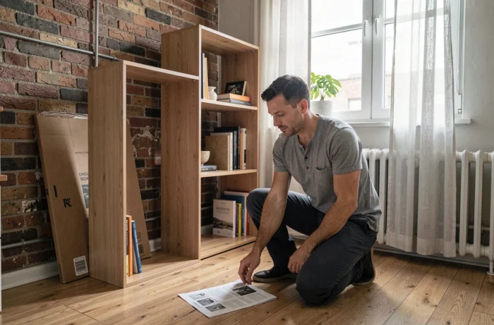 Homme assemblant une bibliothèque en bois dans un appartement urbain avec briques apparentes et décoration en cours