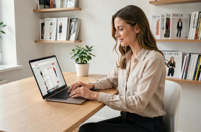 Femme naviguant sur la carte du site d'un magazine de mode depuis un bureau minimaliste en bois