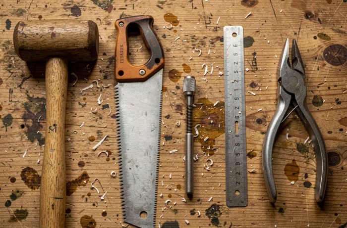 Assortiment d'outils de bricolage commençant par la lettre M disposés sur un établi en bois patiné