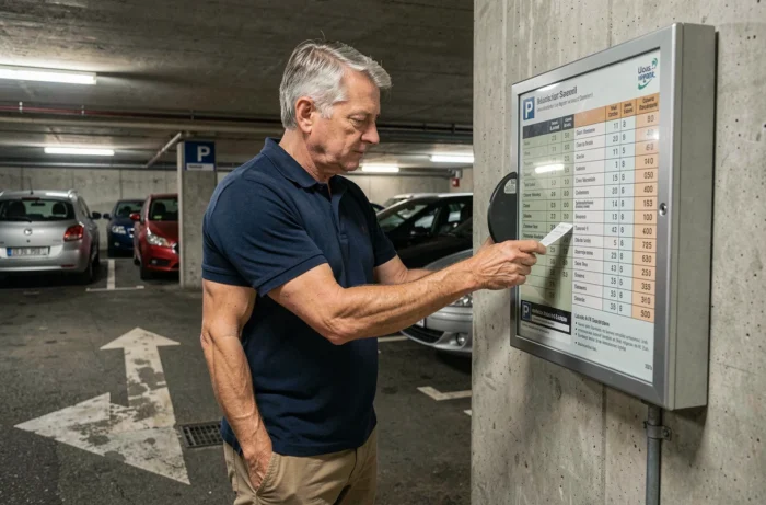 Homme consultant le panneau tarifaire d'un parking souterrain à Arcachon pour trouver les horaires de stationnement gratuit