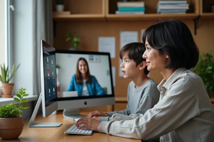 Mère aidant son fils pendant une session de tutorat en ligne avec un professeur virtuel