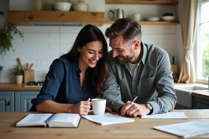 Couple de futurs parents souriant autour d'une liste de prénoms tendance avec le prénom Sacha écrit sur un carnet