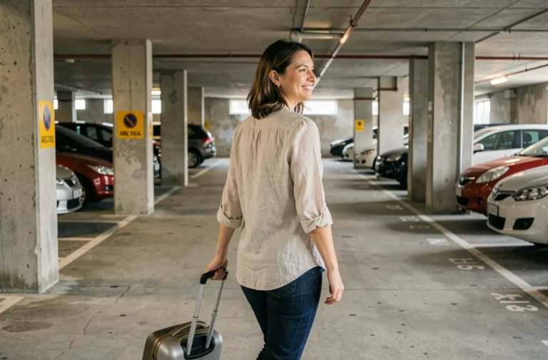 Femme traversant un parking souterrain municipal à Arcachon avec une valise, profitant de la gratuité du stationnement