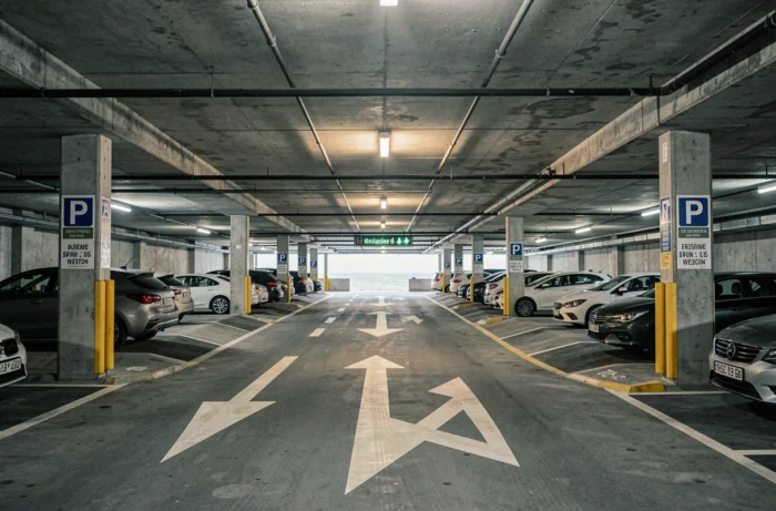 Vue grand angle d'un parking souterrain public à Arcachon avec signalétique de gratuité et marquages au sol