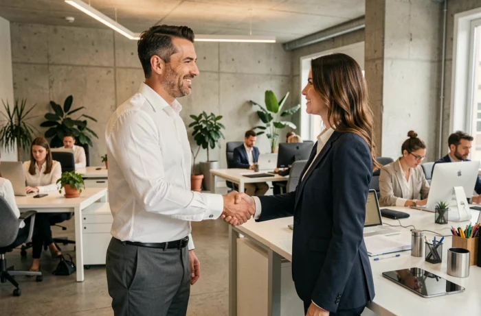 Partenariat professionnel entre recruteurs dans une agence de placement moderne à Genève