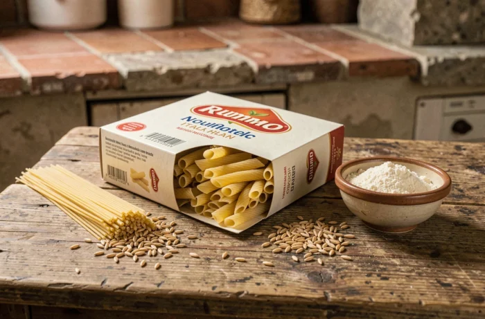 Paquet de pâtes italiennes Rummo spaghetti ouvert sur une table en bois rustique avec des grains de blé dur et de la semoule, ambiance cuisine italienne traditionnelle